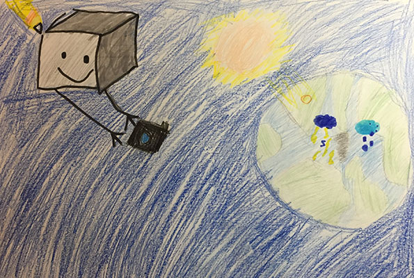 User submitted drawing of GOES-T holding a camera and taking a photo of Earth with the Sun in the background.