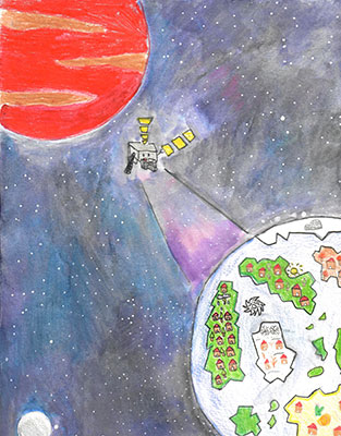 User submitted drawing of a cartoon GOES-T holding a camera and taking a photo of Earth, which is populated by many homes.