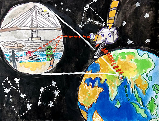 User submitted drawing of a cartoon GOES-T with eyes above Earth with constellations in the background and an additional closeup of a beach scene with a bridge in the background.