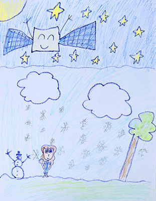 User submitted drawing of a smiling GOES-T over a wintery day on Earth, including snowfall, a girl and snowman.