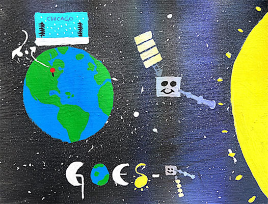 User submitted drawing of GOES-T between the Earth and Sun with Chicago pinpointed on Earth.