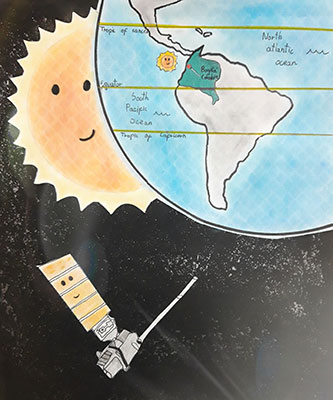 User submitted drawing of the Sun peaking out from behind Earth as GOES-T looks on.