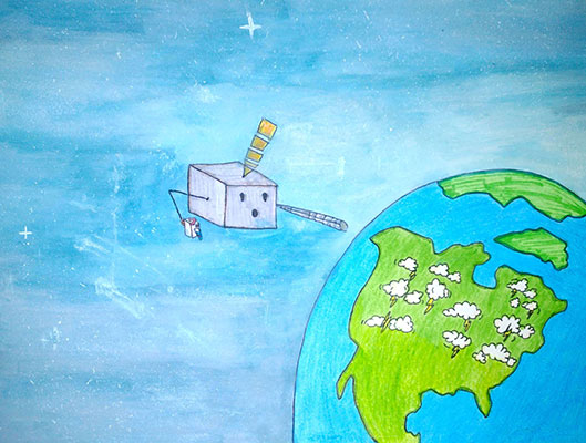User submitted drawing of a cartoon GOES-T above Earth with various lightning storms visible.