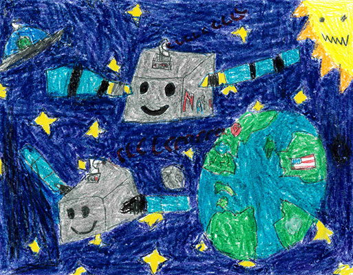 User submitted drawing of two GOES-R series weather satellites above Earth with a smiling Sun in the background.