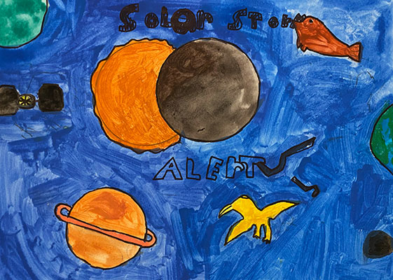 Painted illustration of the Sun, Moon, and other planets with text, “Solar storm alert.” In the center of the painting, the Moon, painted gray, moves across the Sun’s face, creating an eclipse. A distant satellite, some abstract animals, and other planets populate the painting. The background is dark blue.