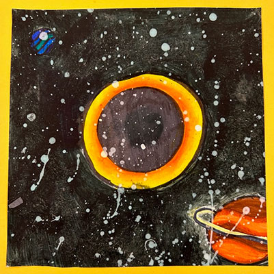 Painted illustration of the Moon passing in front of the Sun, creating a solar eclipse. Splattered paint on top of the eclipse and black space background represents distant stars and space debris.