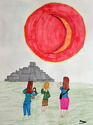 Illustration of three people and watching an eclipse in Chichen Itza, Mexico. El Castillo, Chichen Itza’s main monument, rises from the horizon in the background. In the sky, there is a large red eclipse. One of the people holds a child, while another takes a photo of the eclipse on their phone.