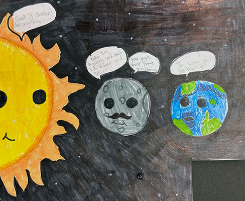 Comic of the Sun, Moon, and Earth interacting during an annular eclipse. The Earth has a small speech bubble that says, “I can still see the light!” while the Moon says, “Haha I’m blocking you Sun, I’m bigger and better… You guys aren’t funny, I’m leaving”. The Moon has a mustache. The large, smiling Sun says, “Cool, it doesn’t do anything!”
