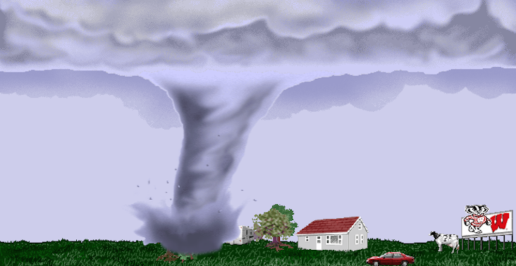 Pixelated scene of a tornado, a house, a billboard and a cow in a grass field.