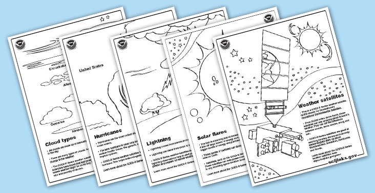 Five coloring pages featuring various weather subjects.