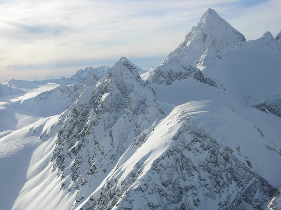 A photo of snow-covered mountains