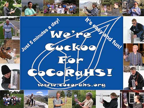 Small images of people doing rain and snow measurements, surrounding a big sign in the center that says 'we're cuckoo for CoCoRaHS'.