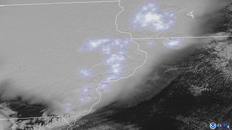 Animation from NOAA’s GOES-East satellite that shows lightning from the storms in a derecho moving across the Midwest.