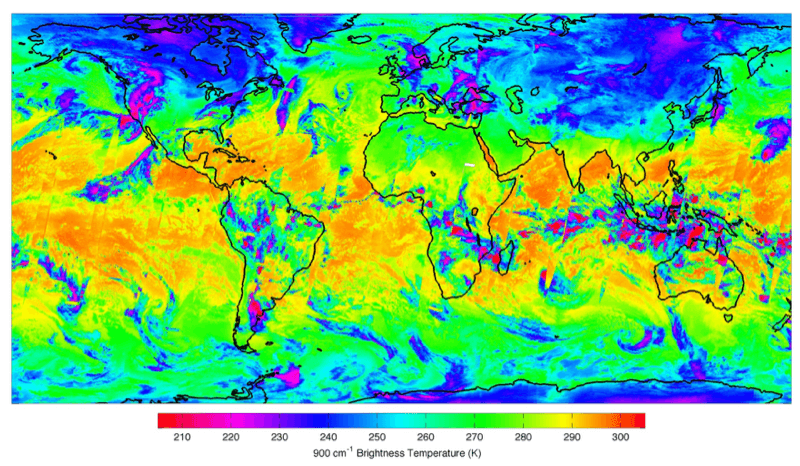 A map created by the polar orbiting Suomi-NPP satellte that shows sea surface temperature variation represented by differnet colors