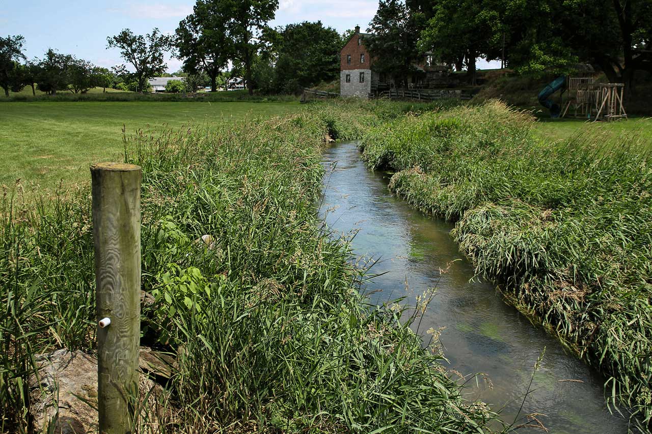 Image of a stream running through a grassy field with a building in the background.