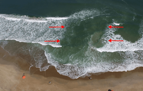 a photograph of the beach showing a location of a rip current in the ocean