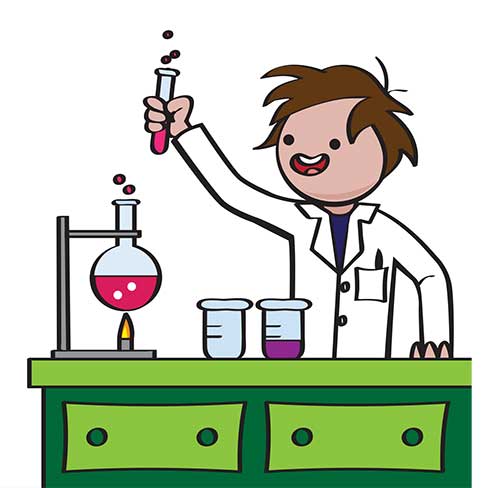 Cartoon of boy doing chemistry experiment in lab.