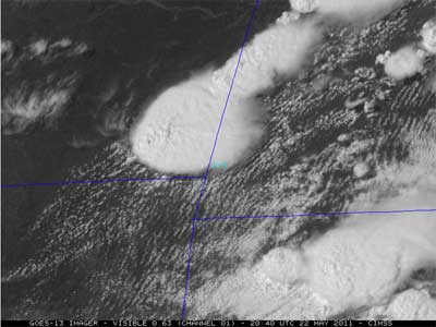 Still image of Joplin thunderstorm from GOES-13 satellite.