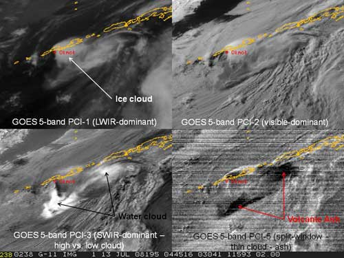 Four images, showing cloud features in shades of gray. Lower right-hand image shows a black area.