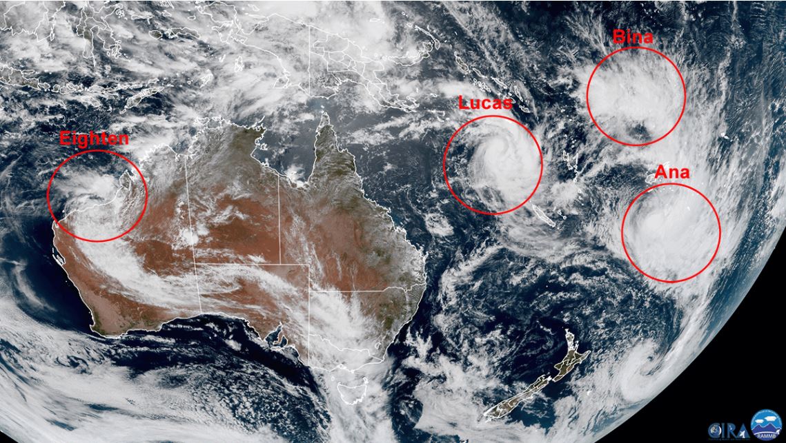 Satellite imagery shows three cyclones over the South Pacific, and another pushing across Western Australia.