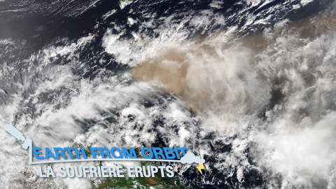 Display of La Soufriere eruption in Geocolor, with Earth from Orbit logo