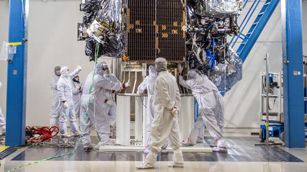 Engineers prepare GOES-S for acoustics testing at Lockheed Martin in Littleton, Colorado, in November 2016. Credit: Lockheed Martin