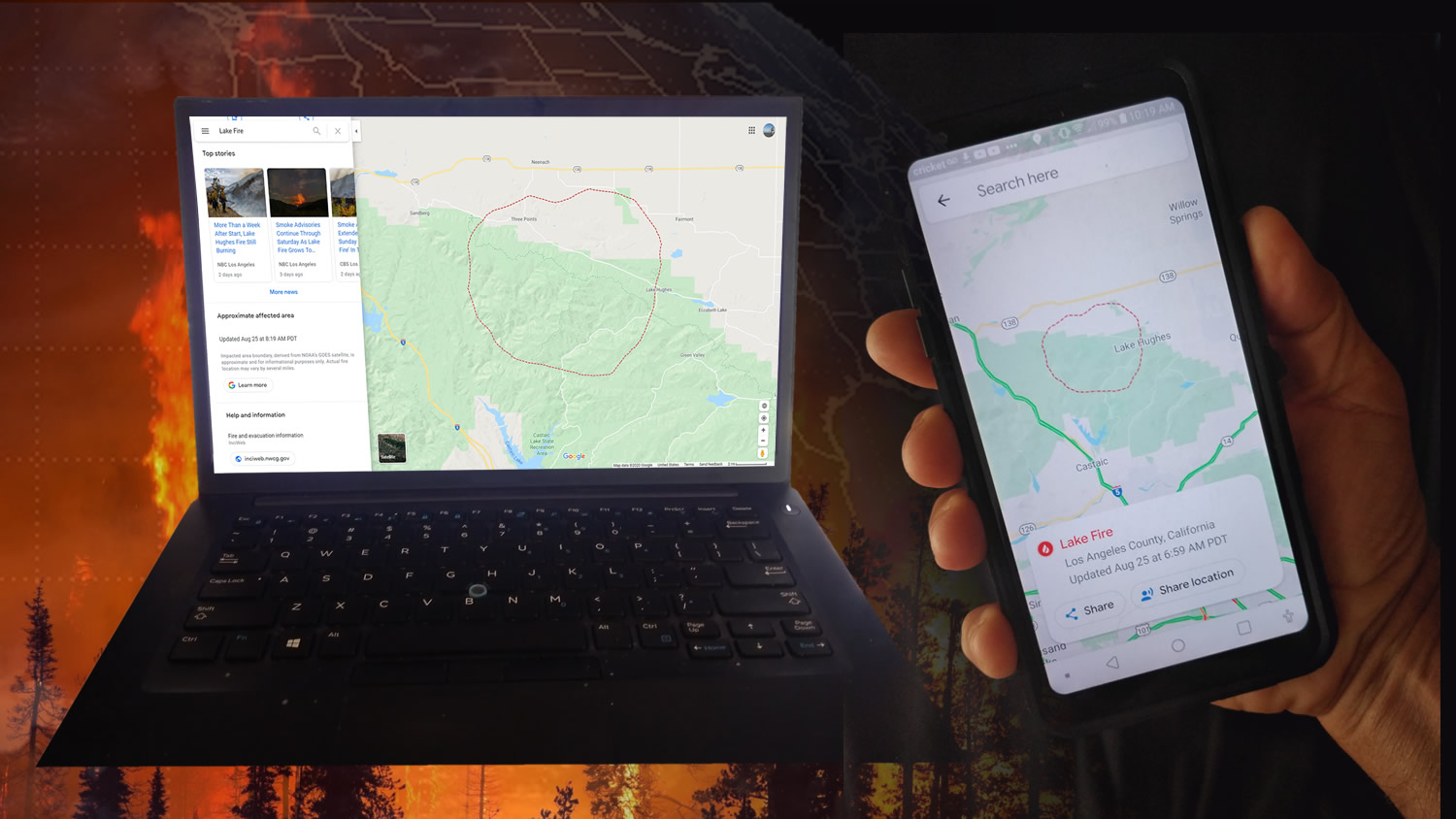 A laptop computer and smartphone with the Google fire maps feature displayed, against a backdrop of a wildfire.
