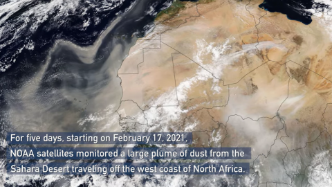 Dust plume from the Sahara desert in Africa blowing across the Atlantic ocean. 