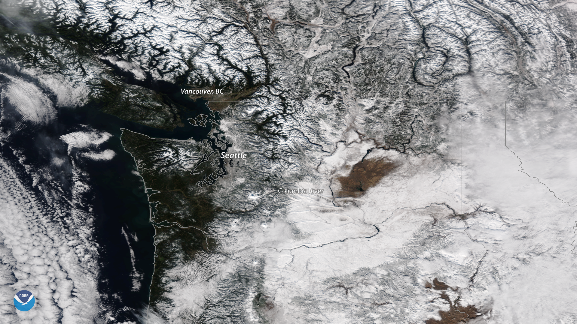 NOAA-20 spies a wintry landscape in Washington state, Oregon, and British Columbia.