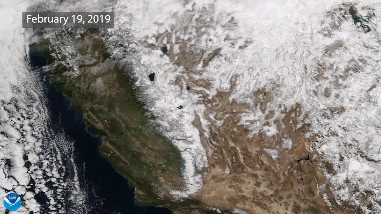 Satellite imagery of the Sierra Nevada mountains from 2018 and 2019, respectively