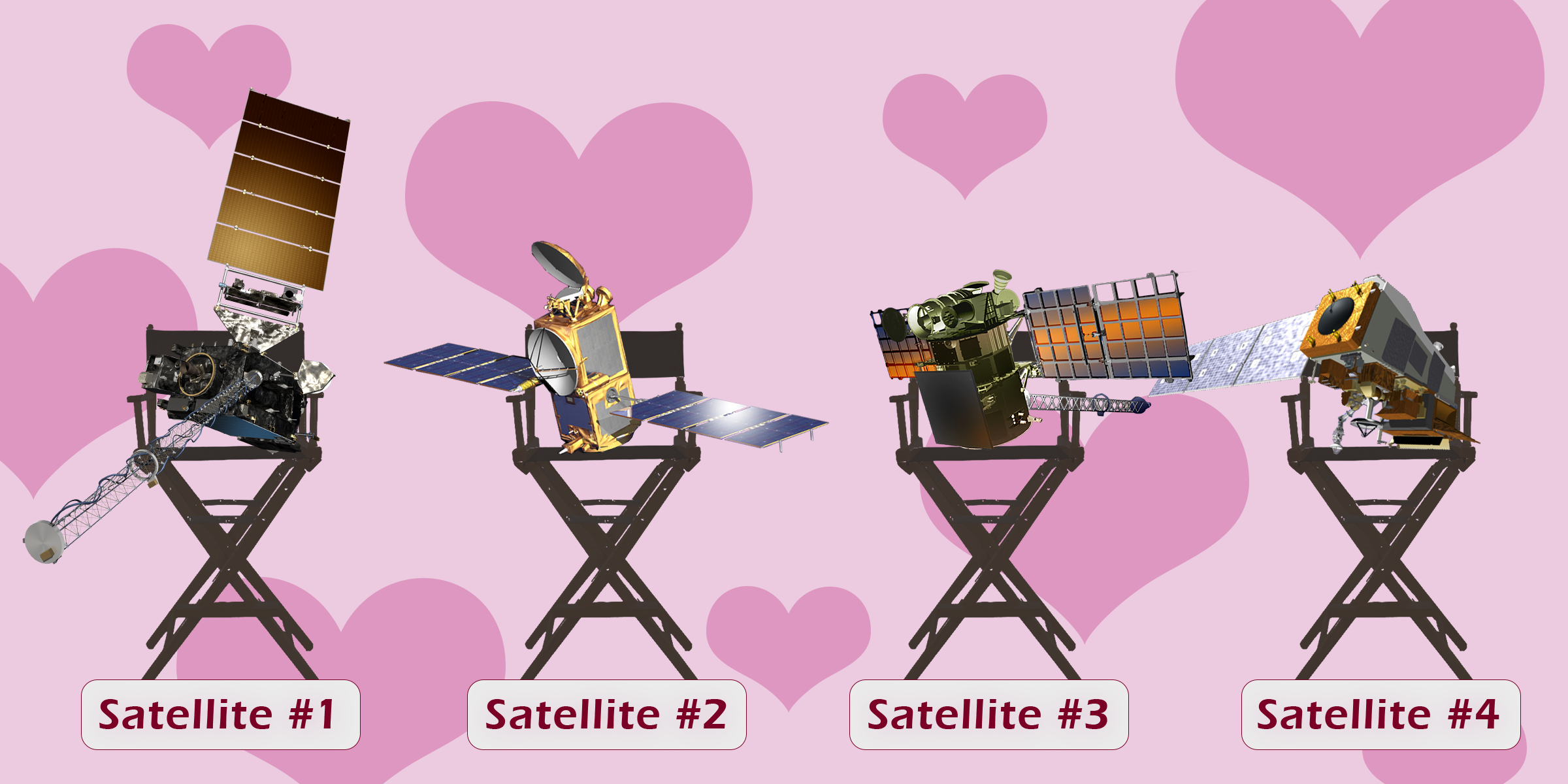 Four satellite arrays in four movie director chairs, with a pink heart background. 