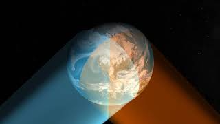 view of Earth from space with orange swath showing GOES East coverage and blue swath showing GOES West coverage