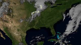 yellow flashes of lightning over the brown and green land surface of the continental U.S.