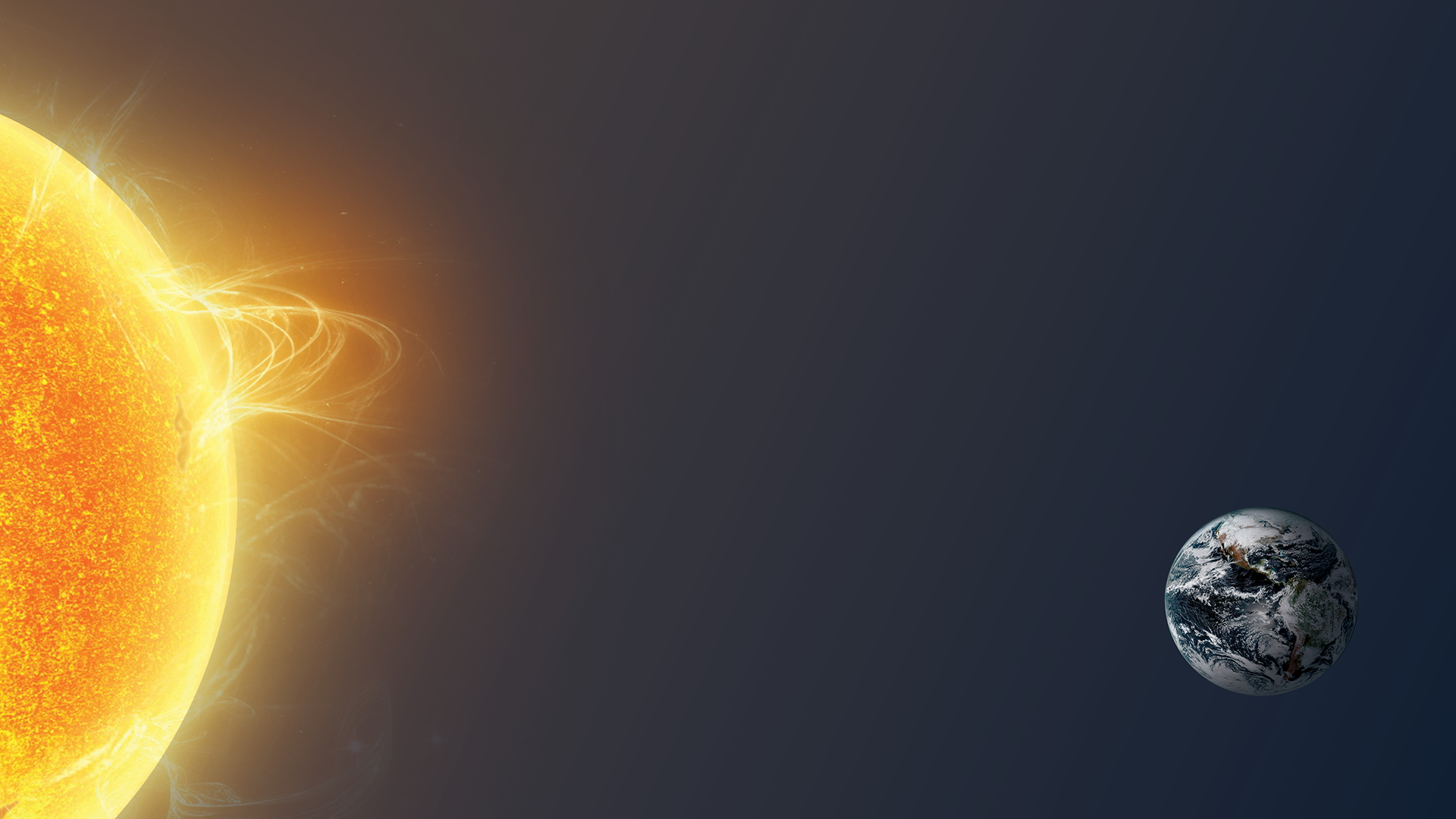 Composition of the sun, on the left side of the image, emitting a solar flare, and the Earth, on the right side of the image, orbiting the sun.