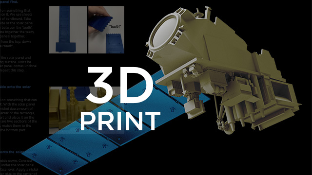 3D model of a spacecraft and white text