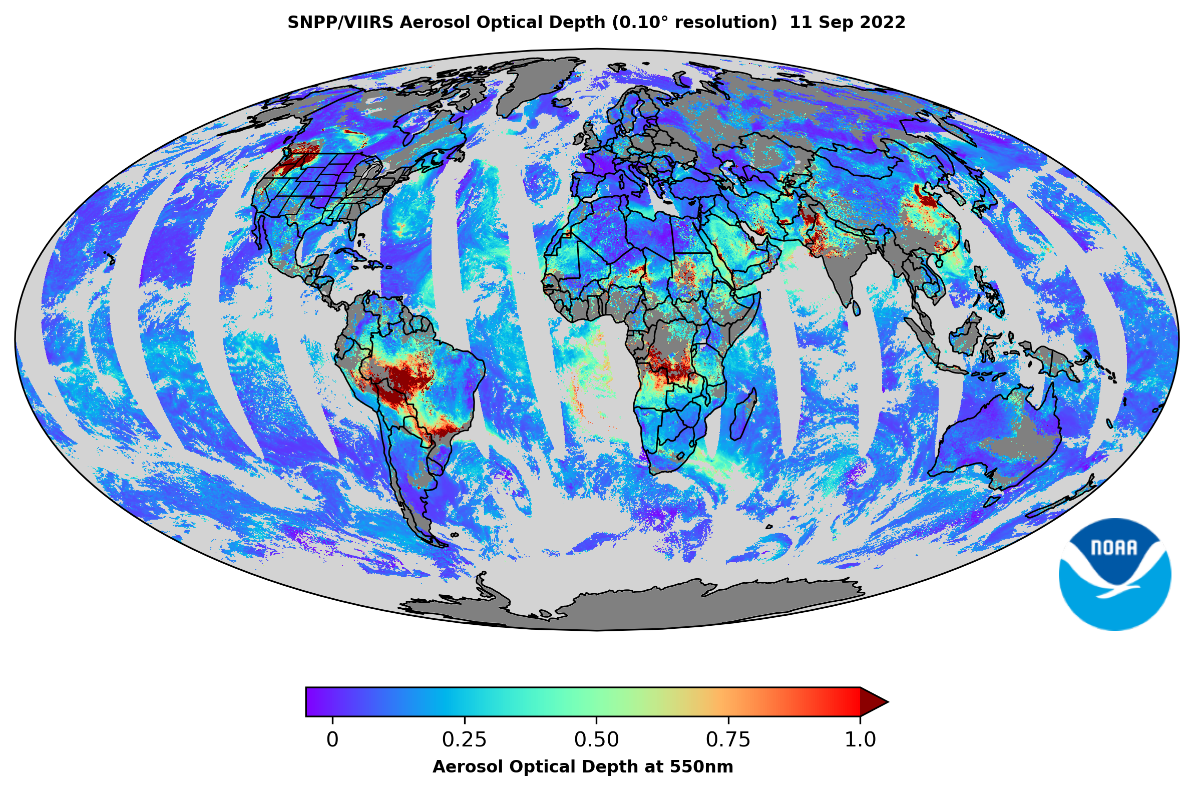 SNPP VIIRS aerosol optical depth (AOD) global gridded image