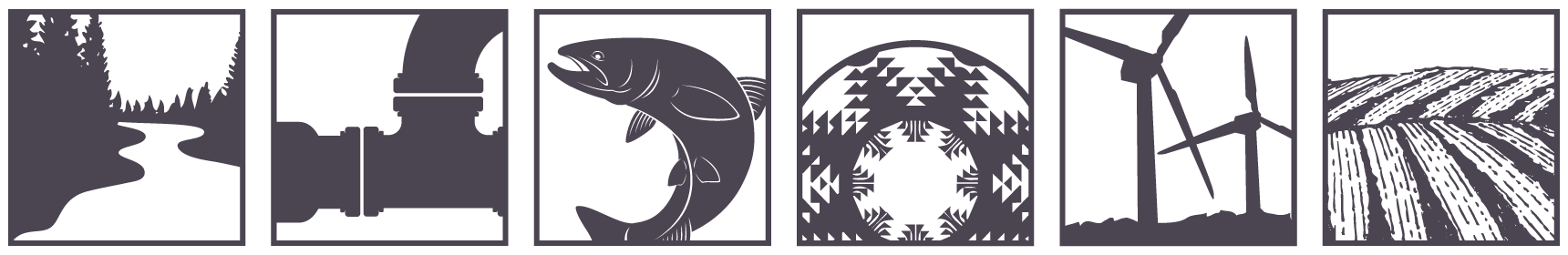 Logo for North Coast Resource Partnership - river, pipes, fish, basket, wind turbines, and farm fields