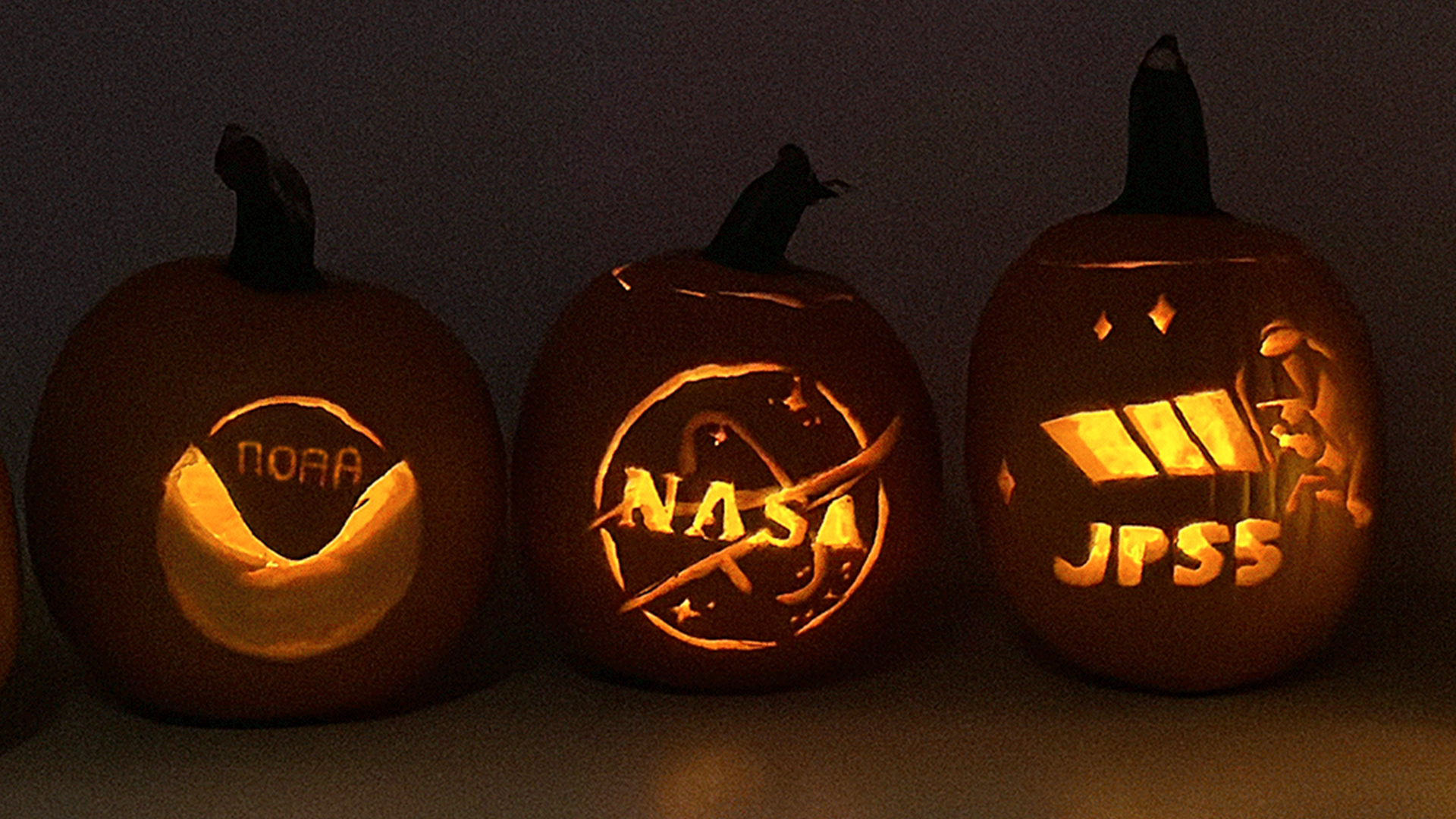Carved pumpkins lit up in a dark space