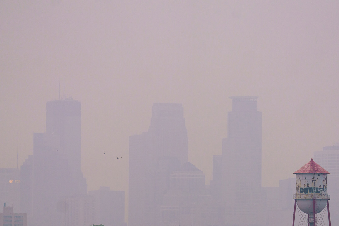 The image shows a city skyline obscured by heavy wildfire smoke, making the outlines of the buildings hazy and indistinct. Two birds can be seen flying in the open sky, and in the foreground, there is a water tower that shows signs of age and weathering. The overall atmosphere of the image conveys a sense of pollution.