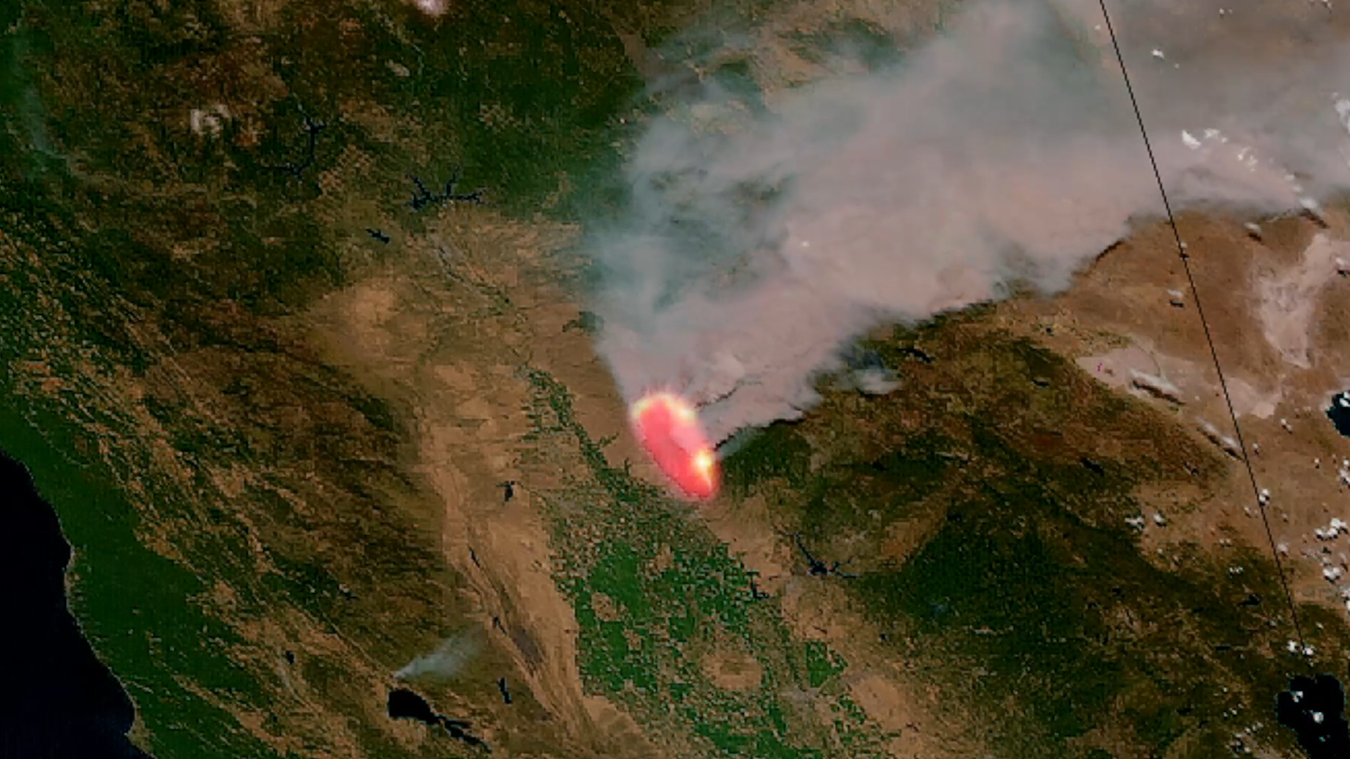 Wildfires in California as seen from about with the GOES-West Satellite.