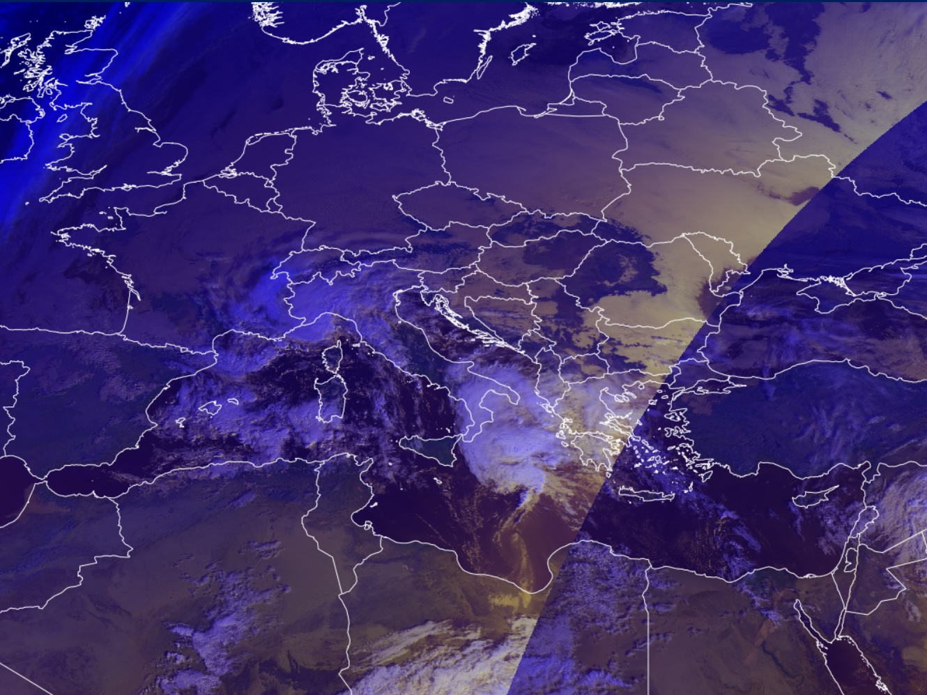 A satellite image shows cloud cover in shades of purple over parts of Europe, Northern Africa, and the Mediterranean. The map is outlined with country borders.
