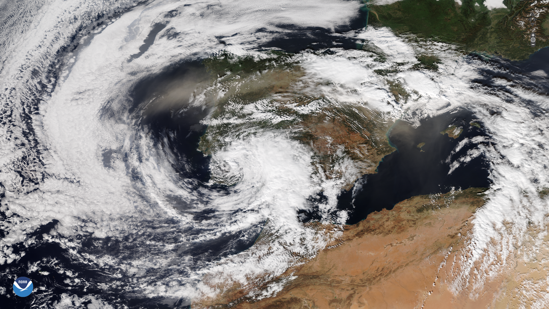 TrueColor satellite imagery of Spain via NOAA's NOAA-20 satellite