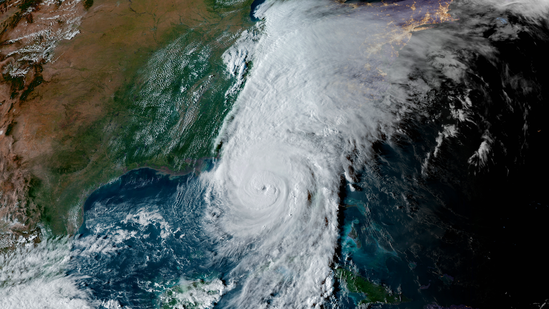 Hurricane over the coast of the United States in the Atlantic ocean.
