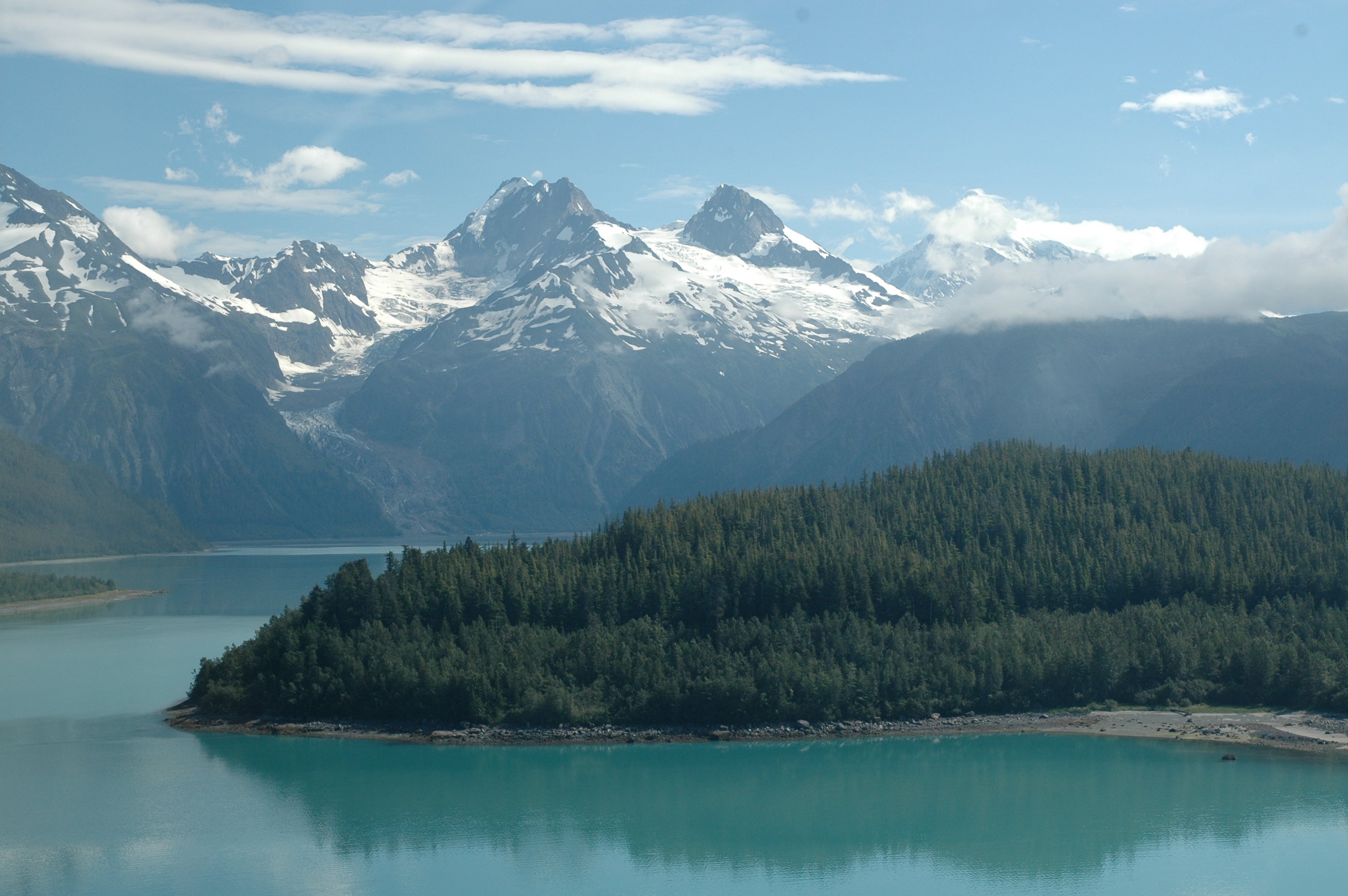 A scenic view of Lituya Bay in Alaska, showcasing turquoise waters surrounded by forested hills with snow-capped mountains in the background.
