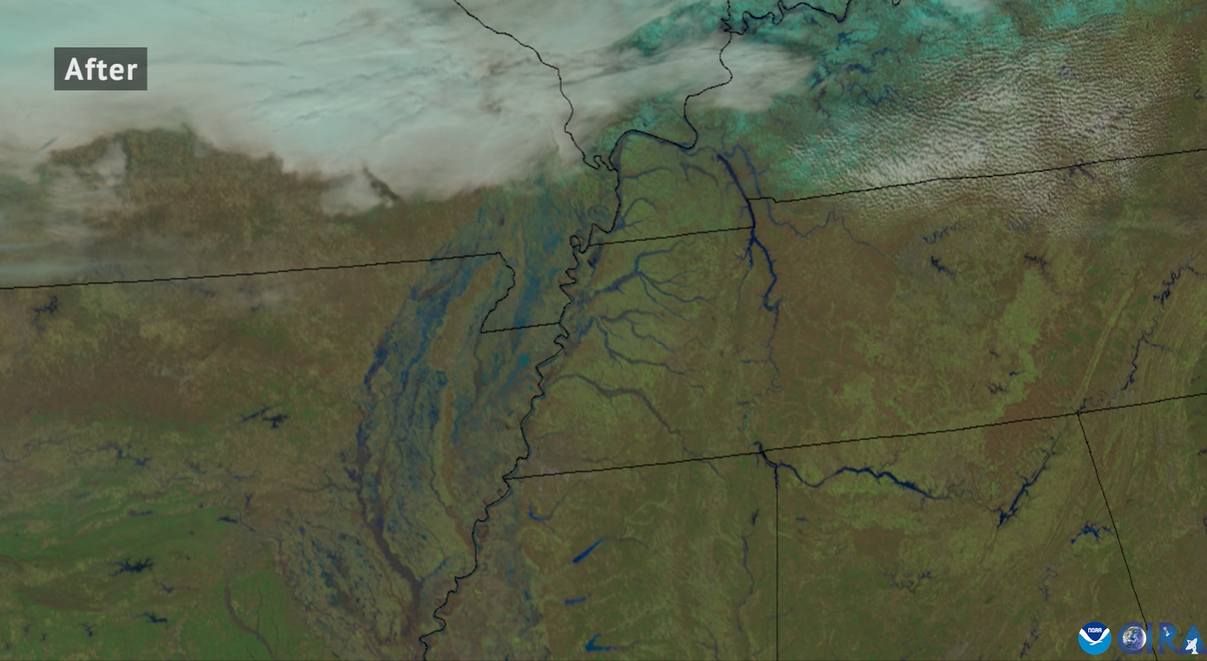 Satellite imagery shows flooding due to excessive rainfall in the lower Mississippi River region