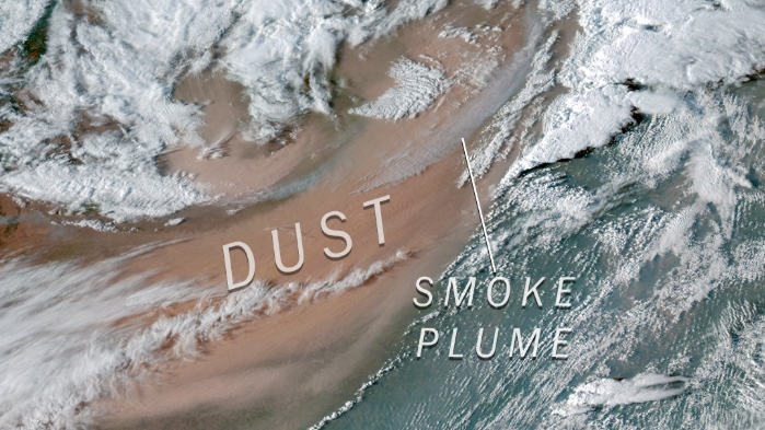 Satellite imagery from March 14, 2025 showing dust and smoke within a severe weather system, with each labelled. 