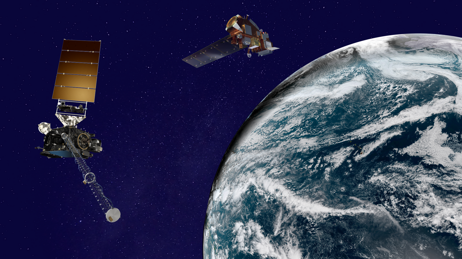An artist's rendering of a JPSS and GOES satellite orbiting the Earth