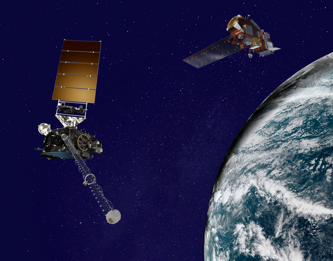 An artist's rendering of a GOES and JPSS satellite orbiting Earth. 