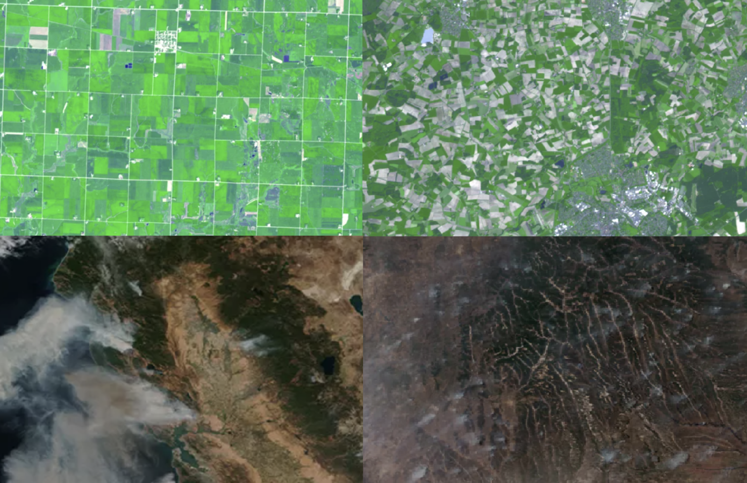 Four square images of land seen from space.