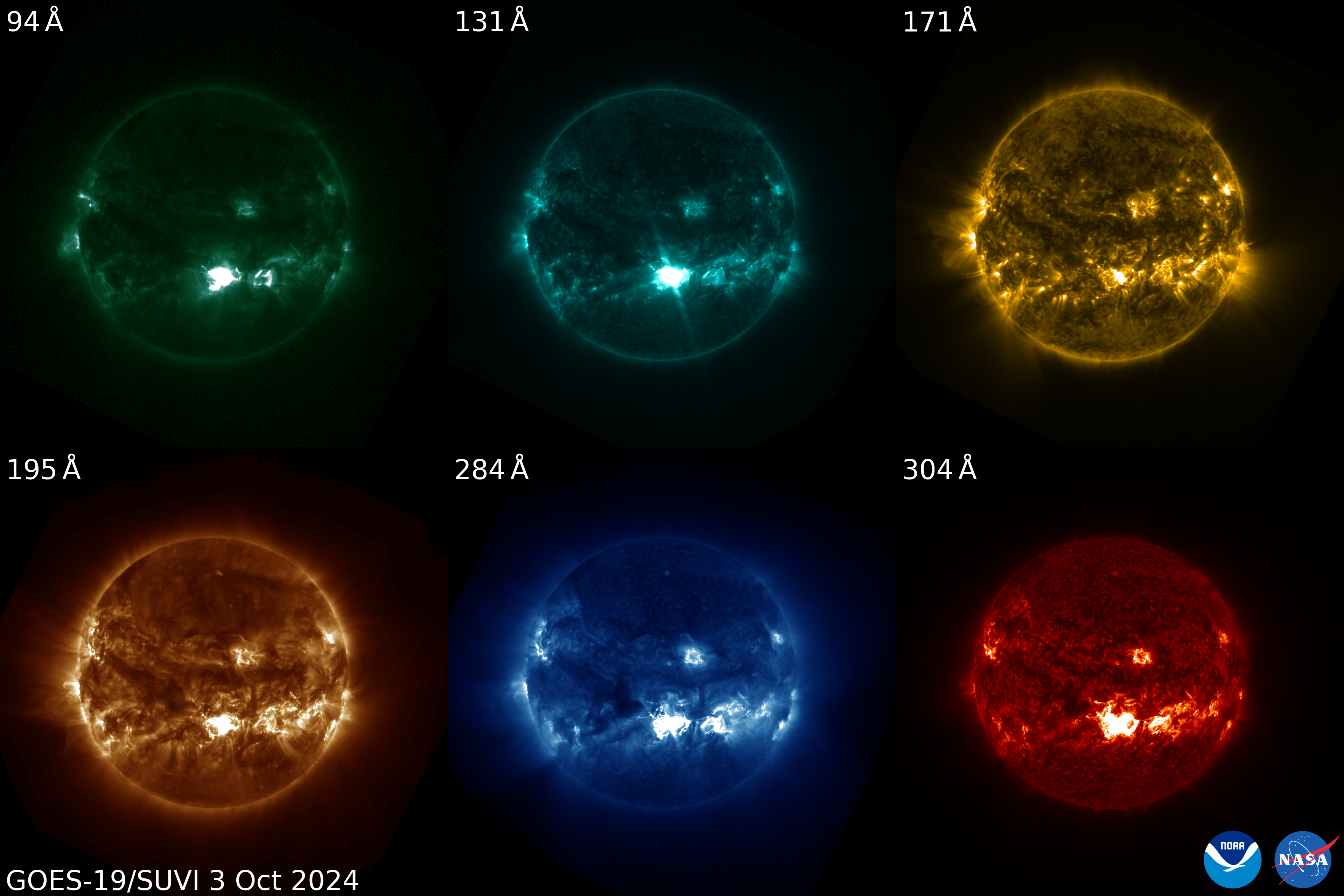 An X9 flare, which can be seen in the lower half of the sun, captured by GOES-19’s Solar Ultraviolet Imager (SUVI) instrument on Oct. 3, 2024. 